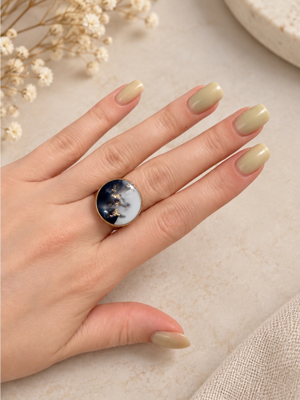 Handmade Black White Marble Resin Statement Ring Gold Tone Adjustable